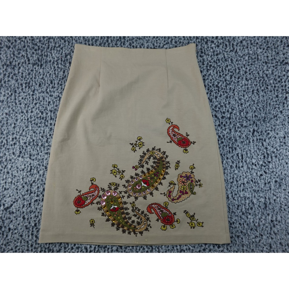 Dana Buchman Pencil Skirt Womens 6 Tan Paisley Beaded Embroidered Cotton